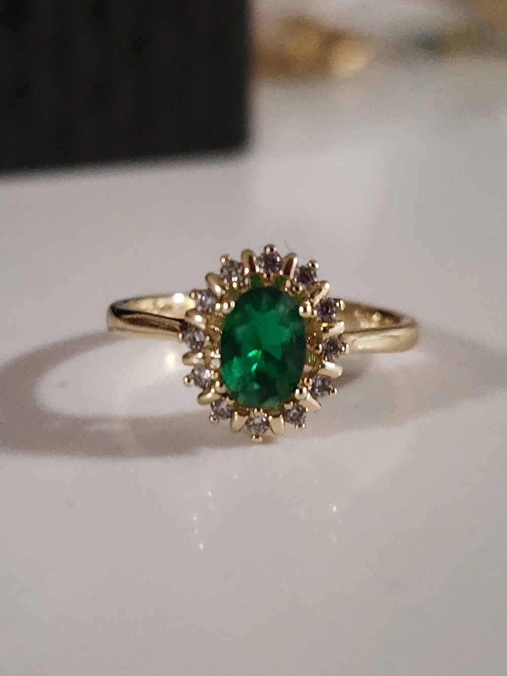 Gold Ring with Emerald Green Center and CZ Halo